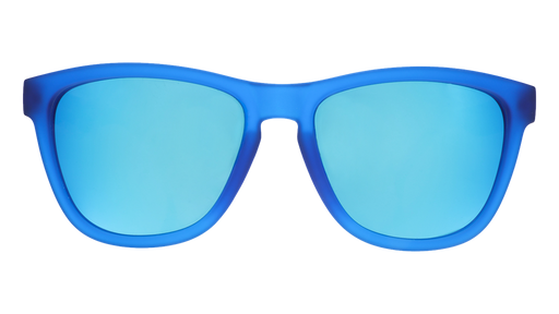 Front view of square-framed bright blue sunglasses with blue reflective lenses on a white background.