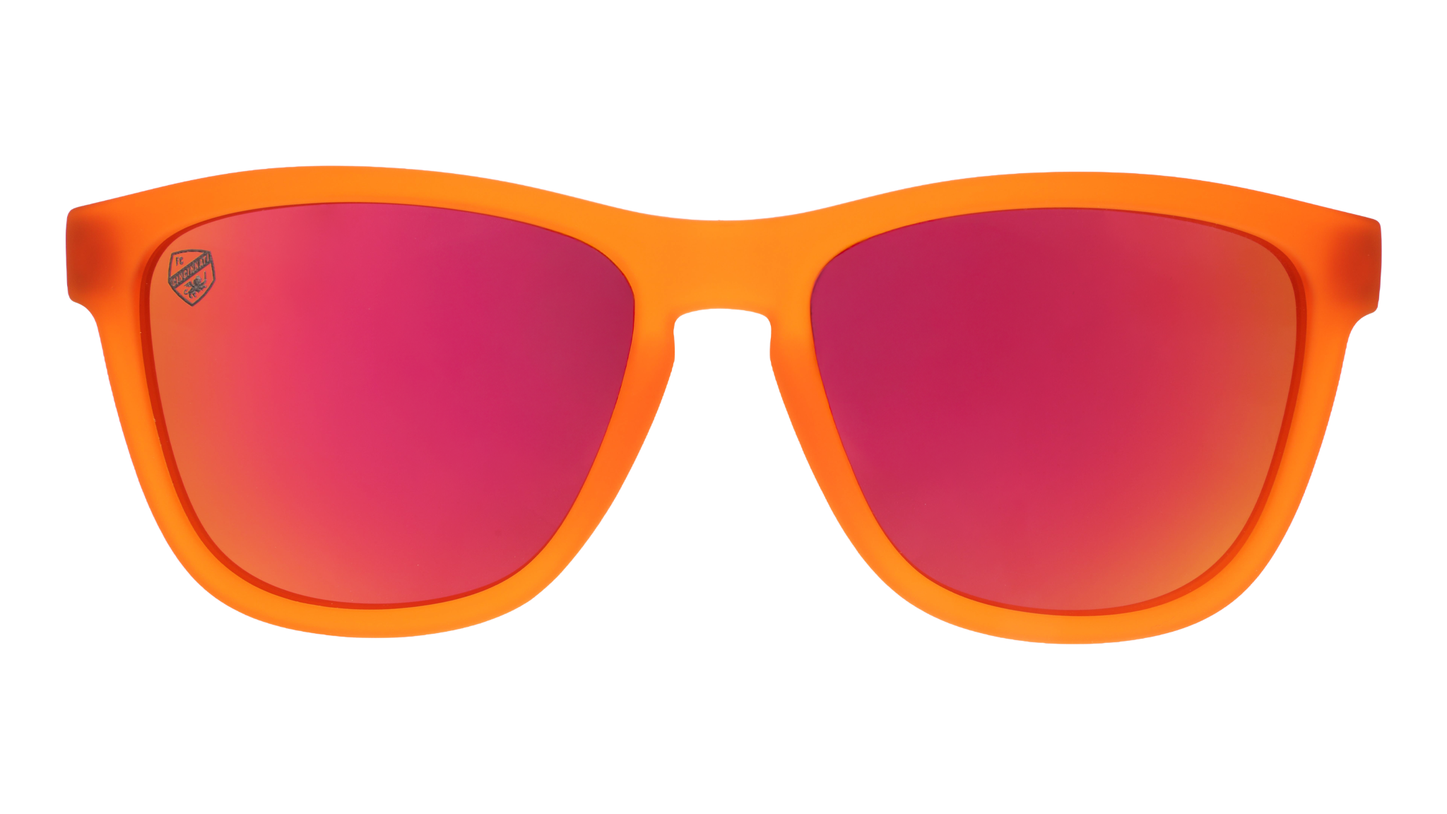 Front view of Major League Soccer FC Cincinnati shades. Orange front frame. Burnt orange lenses.