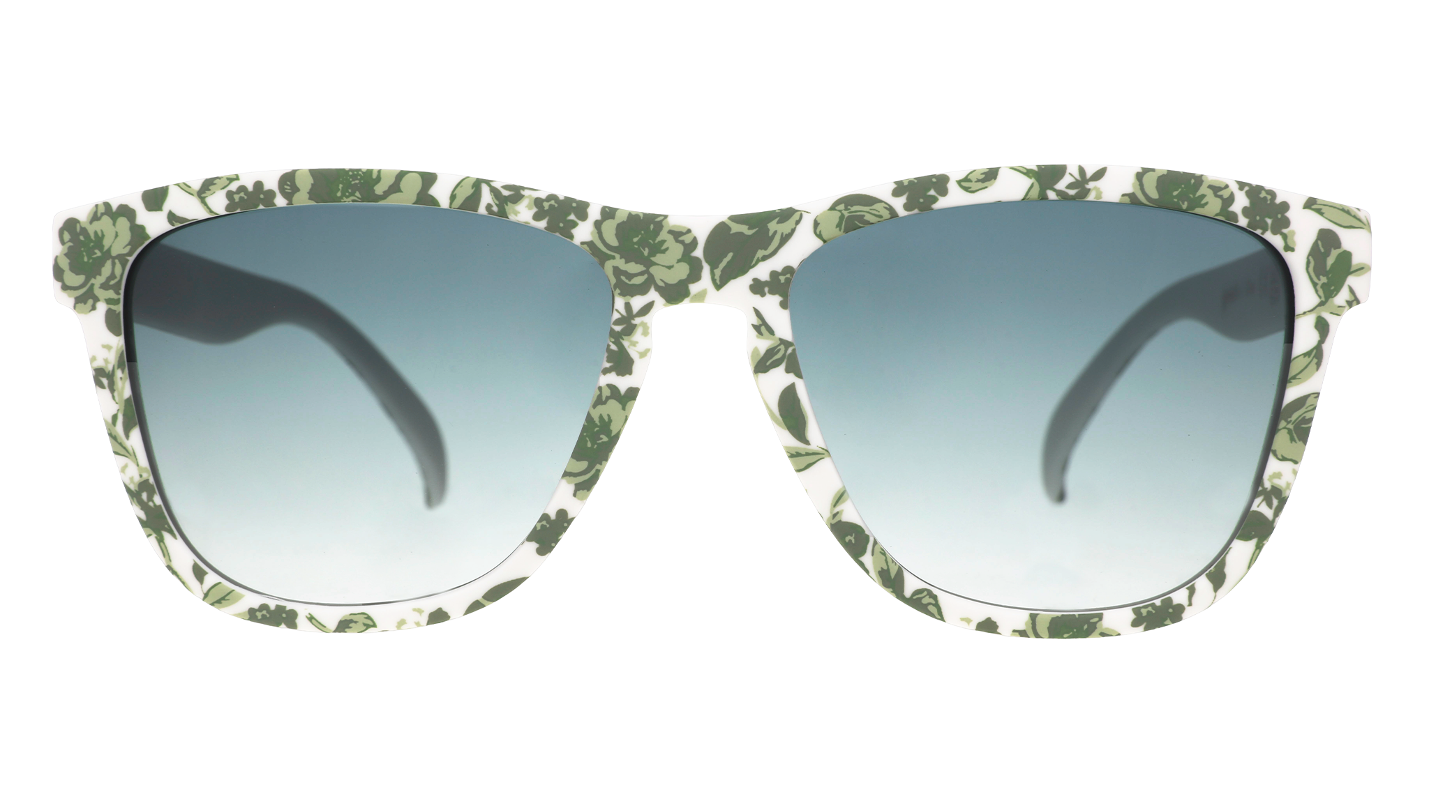 Front view of sunglasses with a green and white floral toile and green gradient lenses.