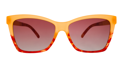 Front view of translucent yellow-orange sunglasses with red hand-painted whirls & rose ocean gradient lenses.