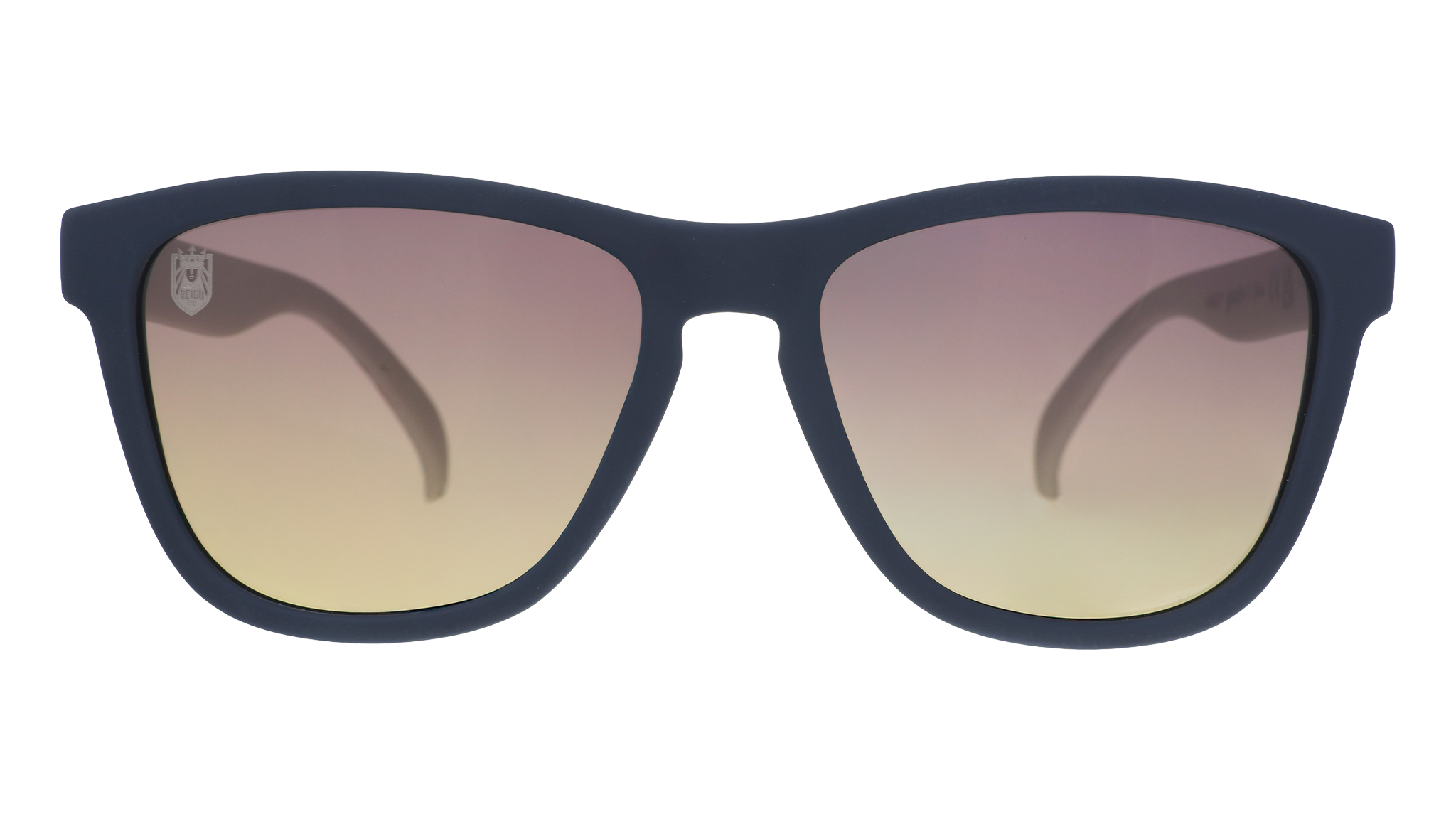 Front view of black and white sunglasses with gray-to-yellow ocean gradient lenses and the Seattle Reign logo etched into the right lens.