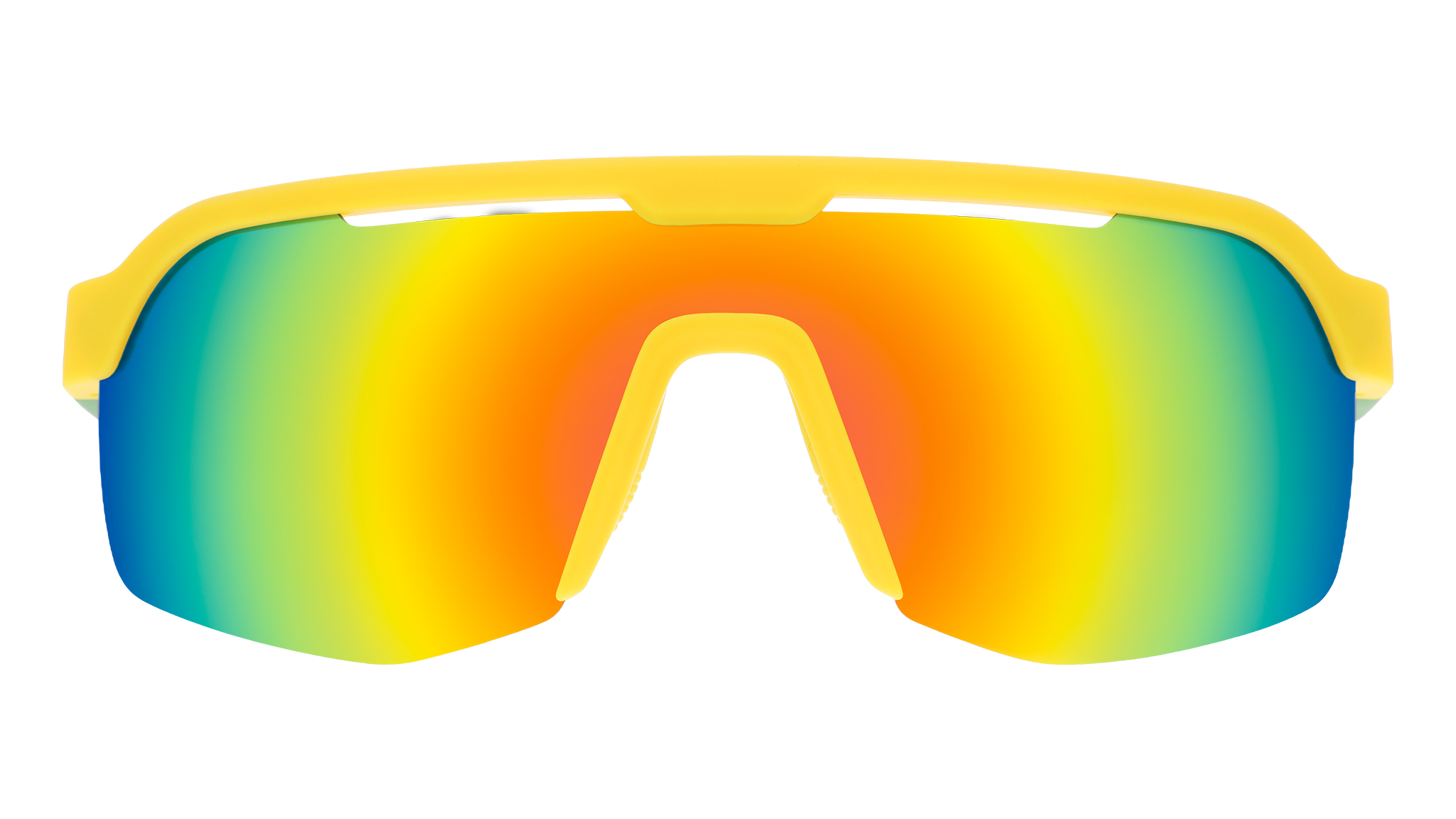 Front view of yellow + green performance sunglasses. Solid yellow front frame w/ green yellow reflective vented lenses.