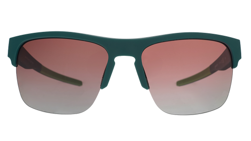 Front view of solid green half-rim sunglasses with polarized rose gradient lenses. The arms extend back, showcasing lime green silicone pieces on the inner arms.
