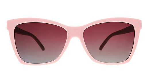 A pair of cat-eye sunglasses with light pink frames and rosy lenses.