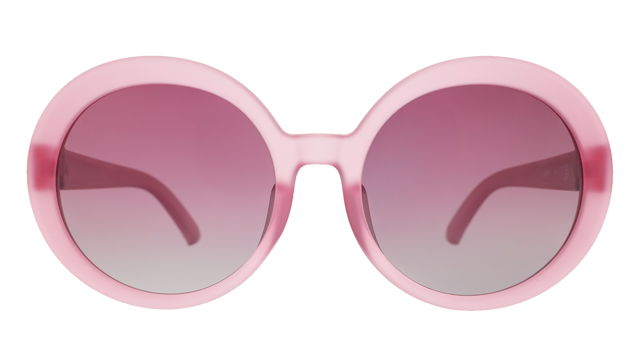 Front view of translucent pink Mood G sunglasses with purple gradient lenses.