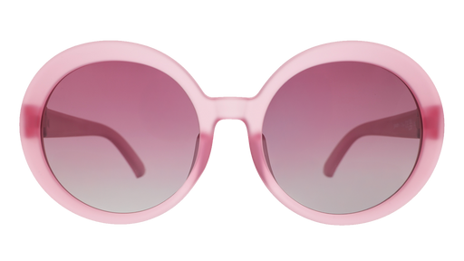 Front view of translucent pink Mood G sunglasses with purple gradient lenses.