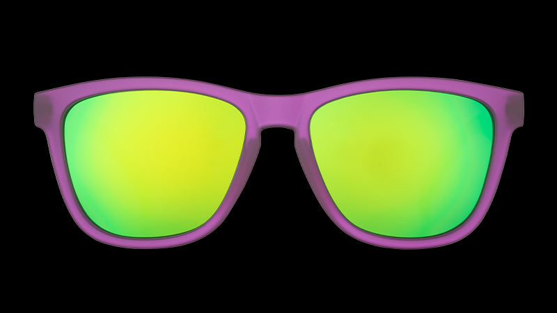 Front view of square-shaped purple sunglasses with polarized green reflective lenses. 