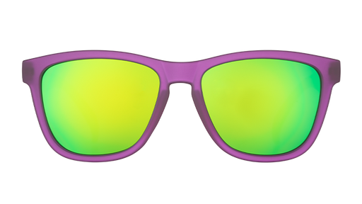 Front view of square-shaped purple sunglasses with polarized green reflective lenses. 