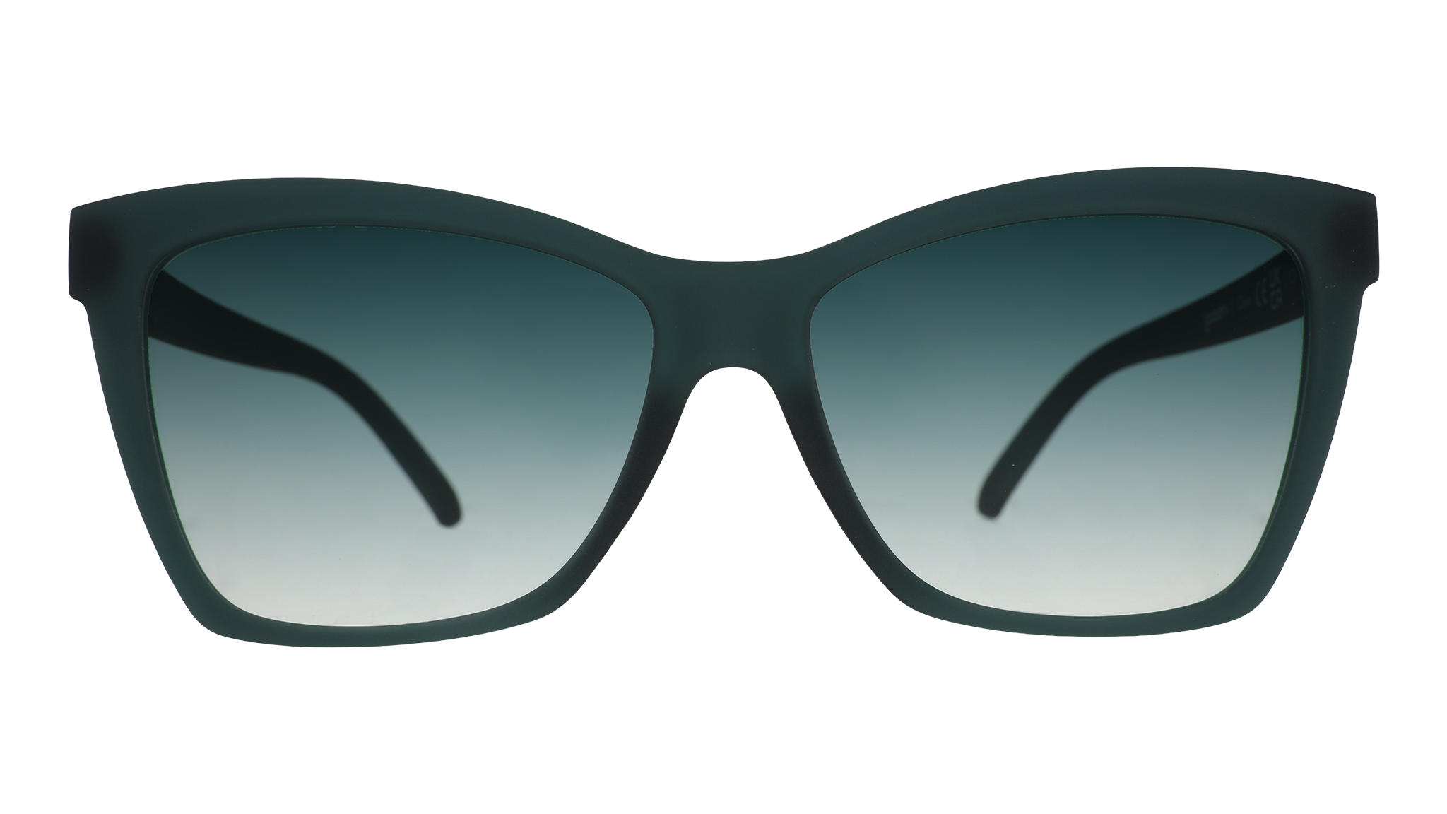 Front view of a pair of angular, translucent teal Pop Gs with green gradient lenses.