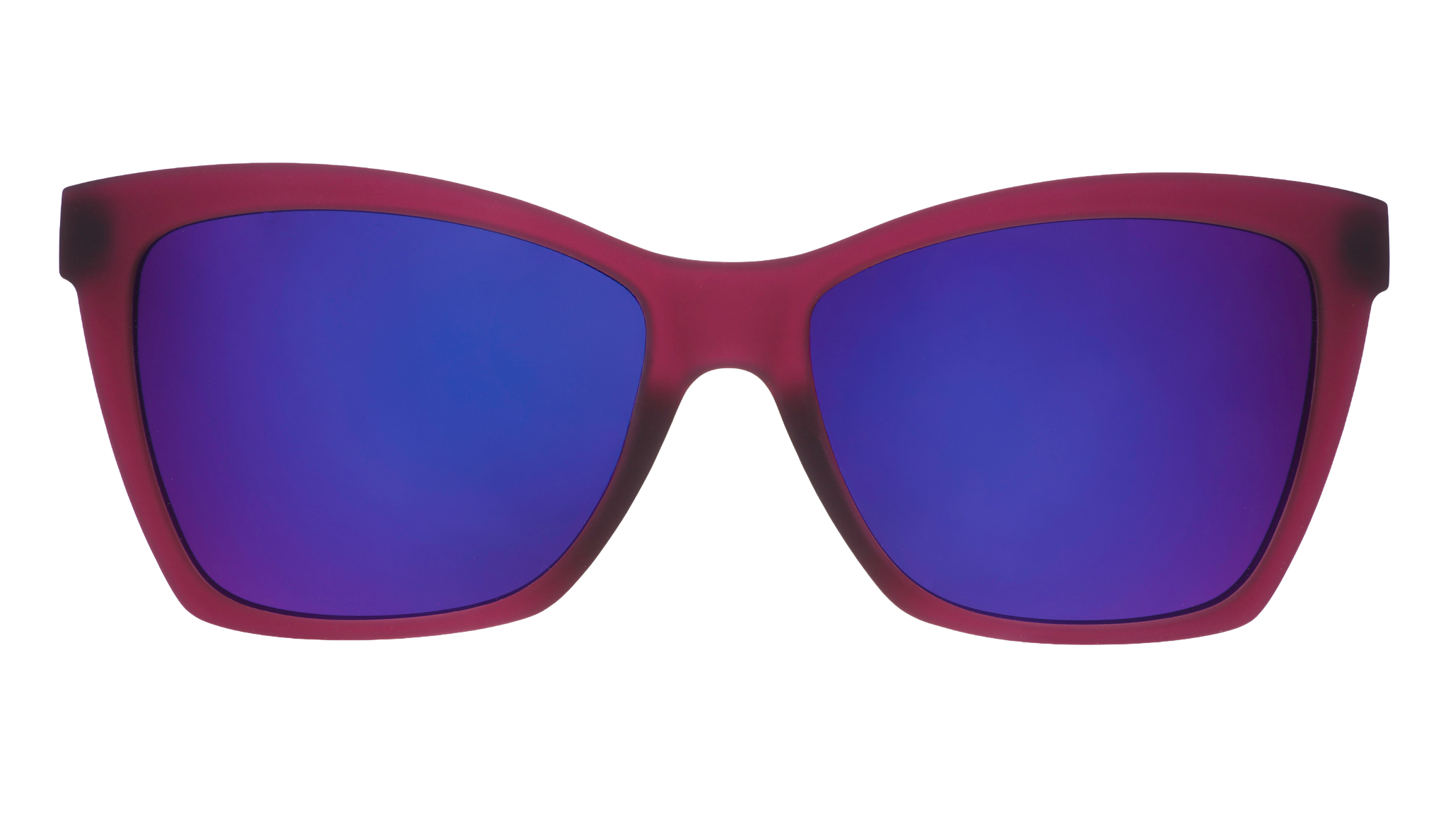 Front angle view of a pair of translucent red violet angular cat-eye sunglasses with purple reflective lenses.