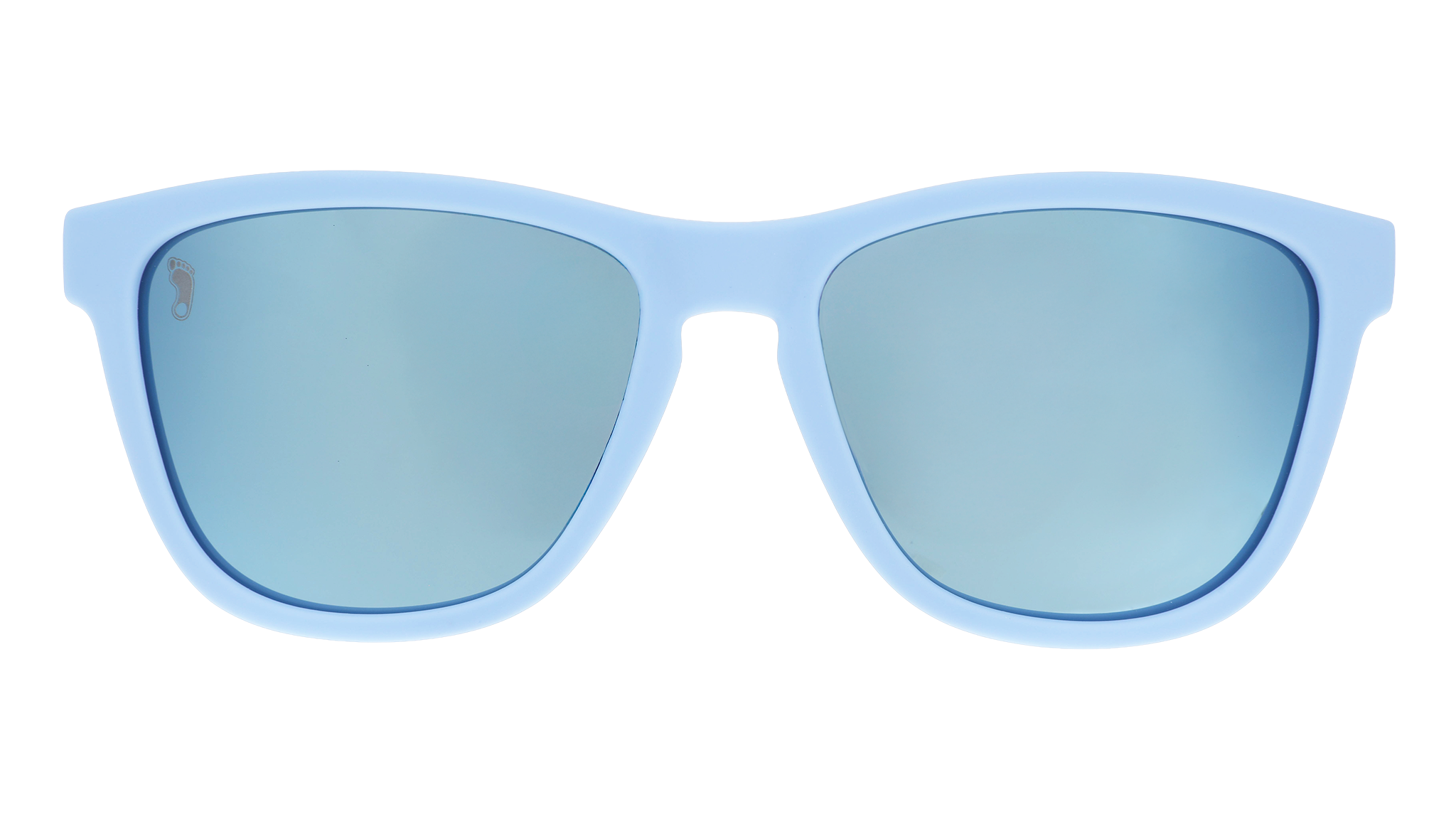 Front view of Carolina blue and white sunglasses featuring ice blue reflective lenses and the UNC Tar Heel etched on the right lens.