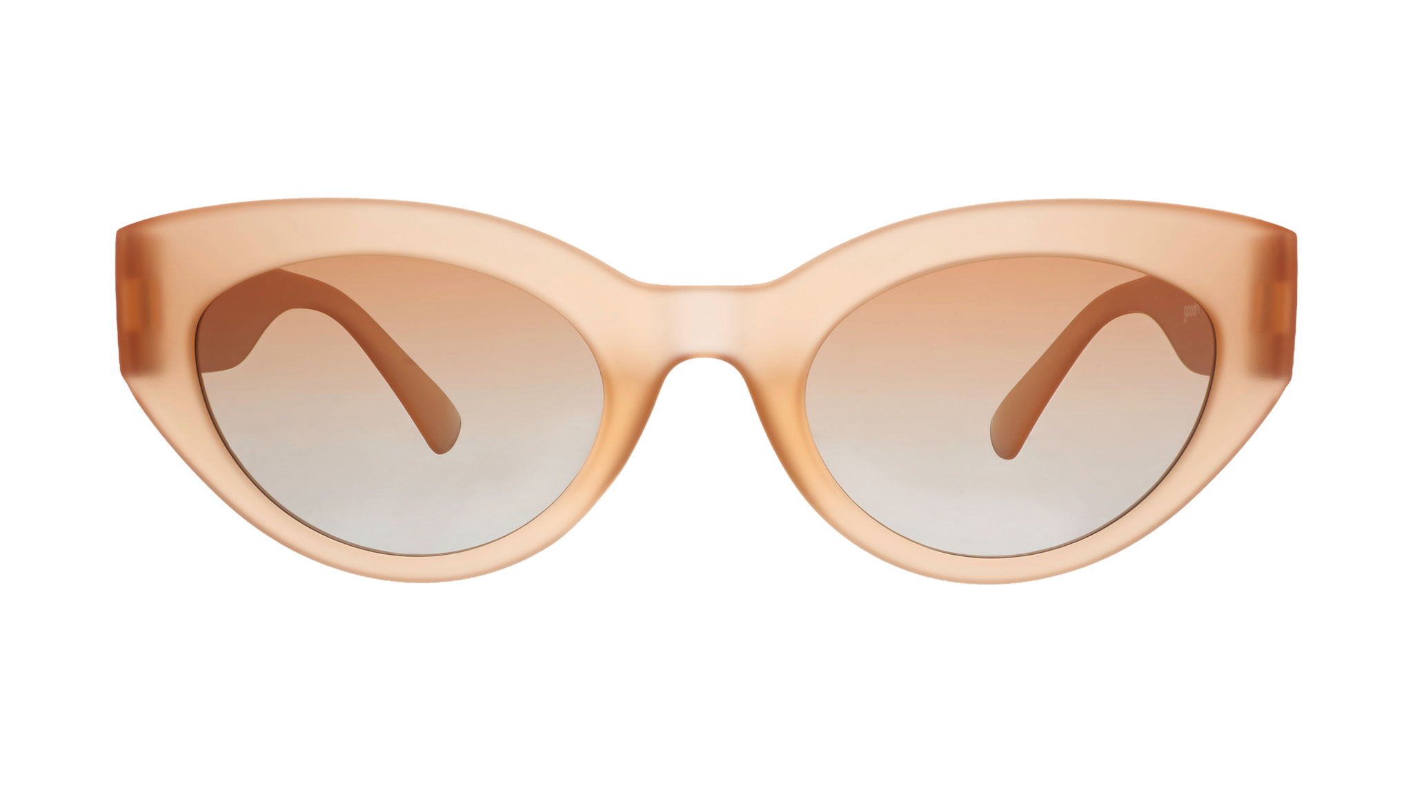 Front view of translucent peach cat-eye sunglasses with orange gradient lenses on a white background.
