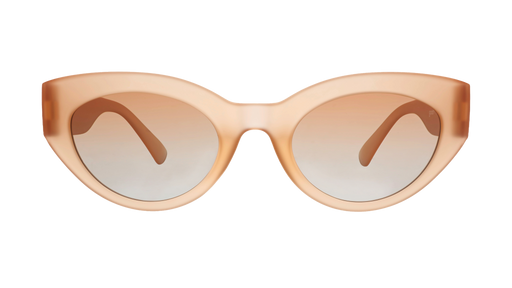 Front view of translucent peach cat-eye sunglasses with orange gradient lenses on a white background.