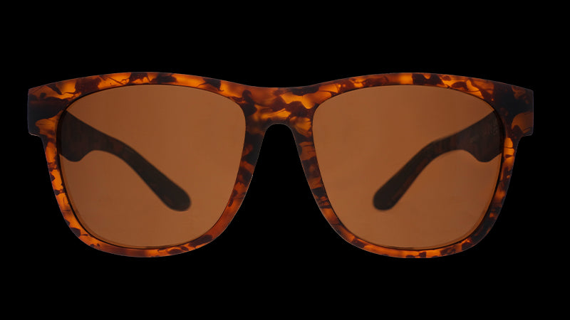 Front view of large square-shaped brown tortoiseshell sunglasses with brown non-reflective lenses.