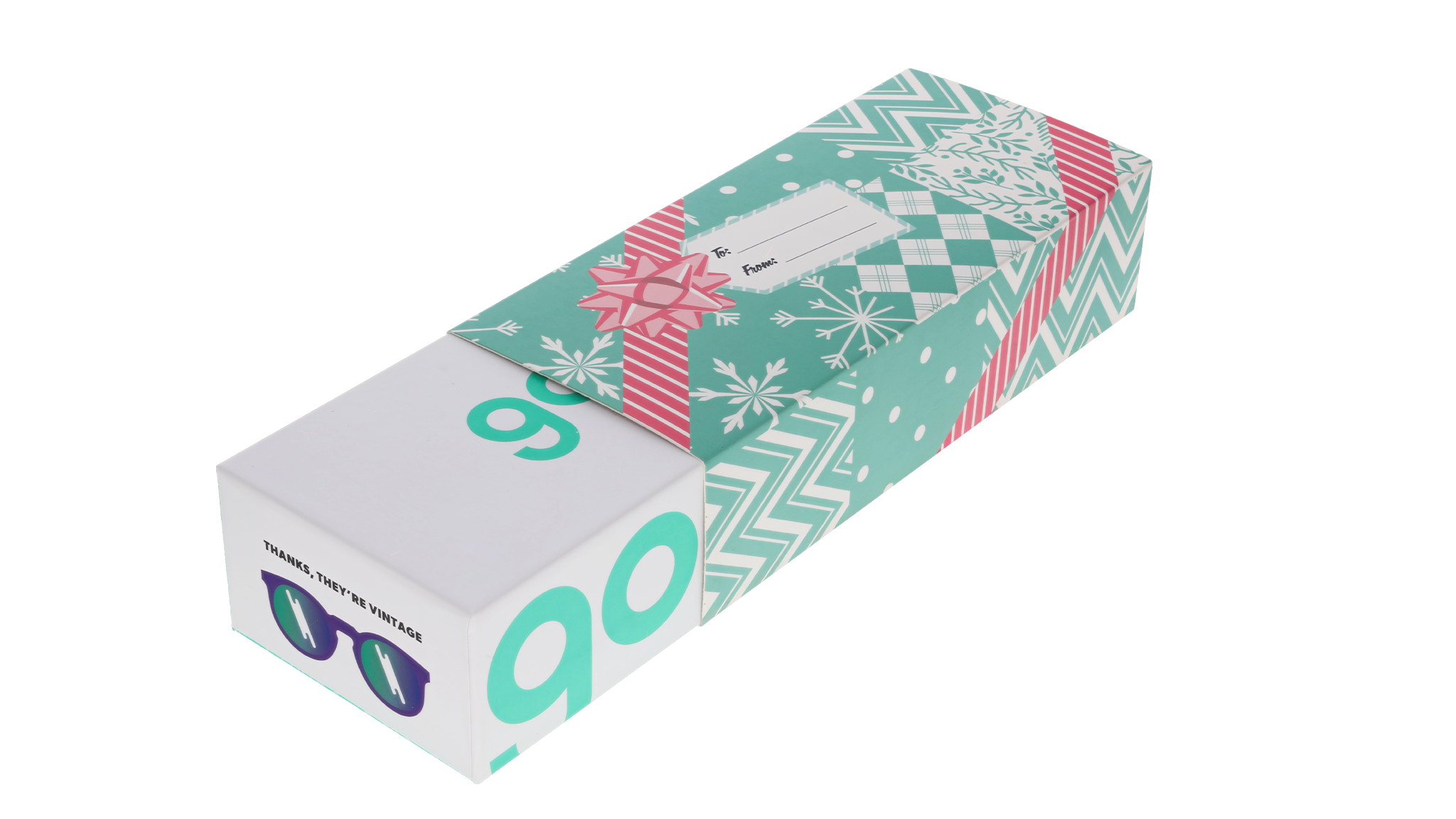 Three-quarter view of a goodr box partially slipped into a teal-and-white wrapping sleeve with a festive holiday design.