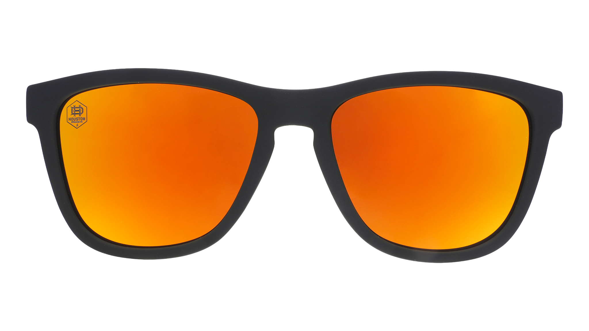 Front view of Major League Soccer Houston Dynamo FC shades. Black front frame. Amber reflective lenses.