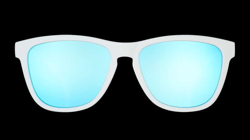 Front view of square-shaped white sunglasses with polarized mirrored blue lenses.