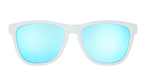 Front view of square-shaped white sunglasses with polarized mirrored blue lenses.
