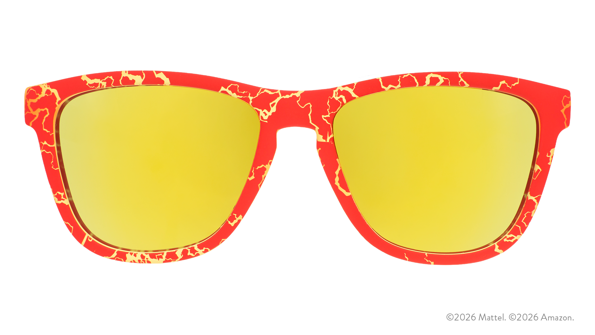 Front view of red and yellow lightning bolt-patterned sunglasses with reflective gold lenses.