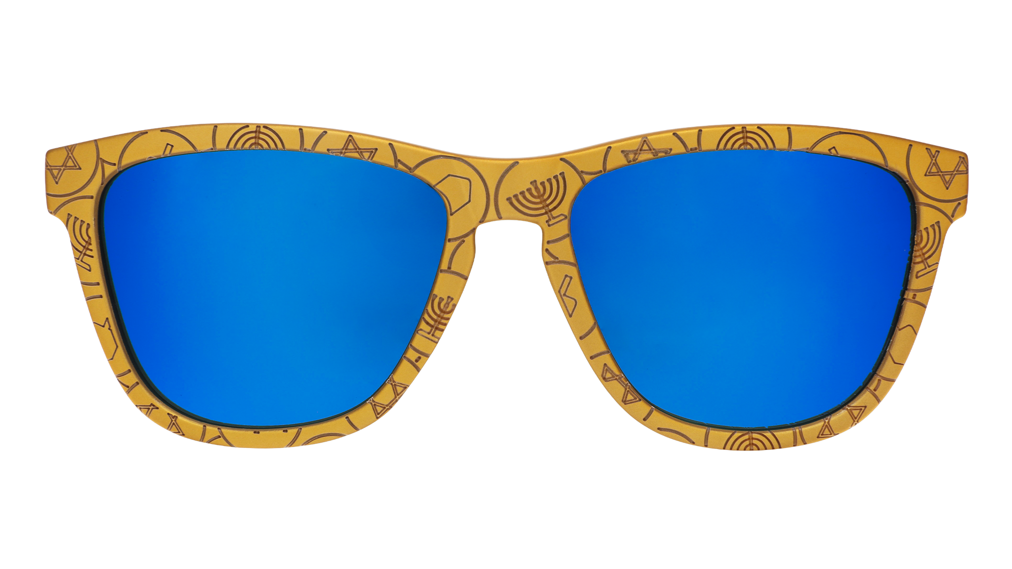 Front view of golden sunglasses featuring a gelt coin print and blue reflective lenses.