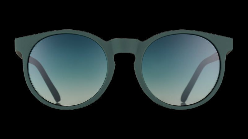  Front view of circle-shaped forest green sunglasses with non-reflective round green gradient lenses.