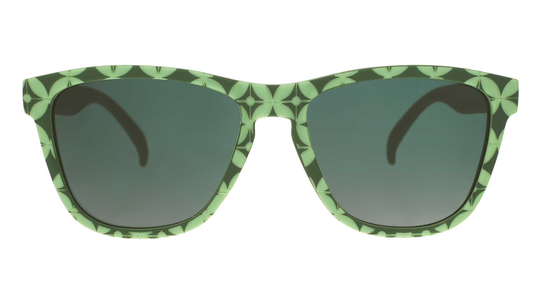Front view of a pair of textured green-tile print sunglasses with dark green gradient lenses.