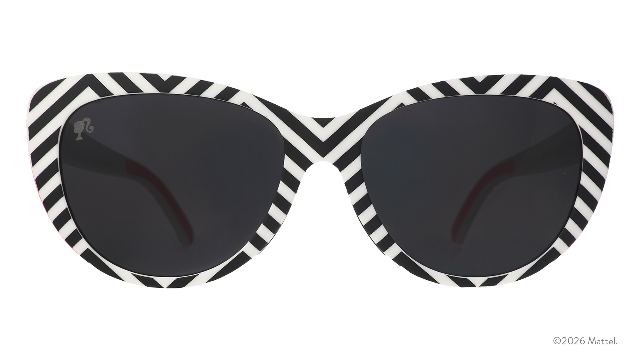 Front view of black-and-white striped cat-eye sunnies with black gradient lenses featuring a Barbie™ silhouette lens etch.