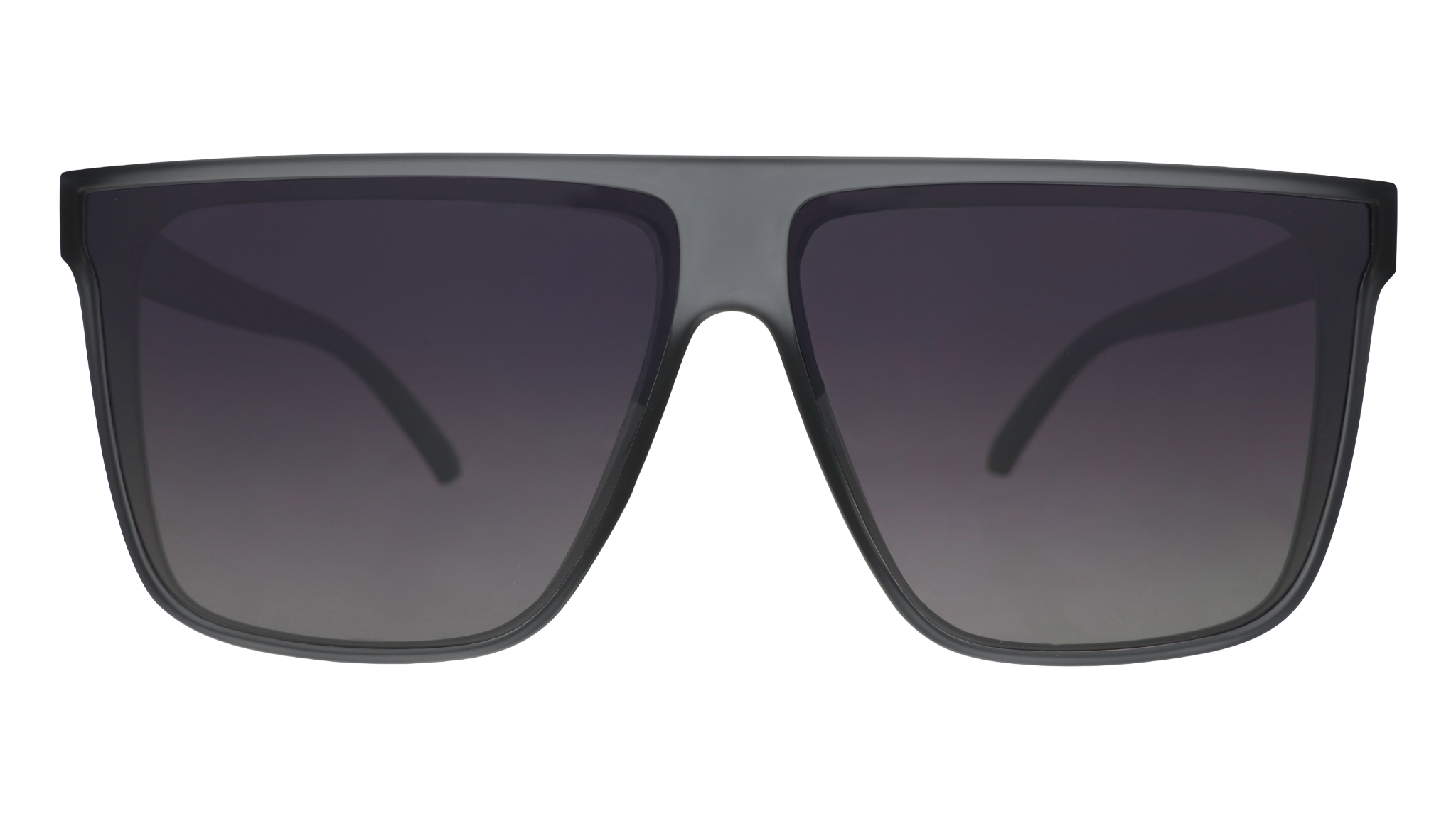 Front view of translucent gray, flat-top Fly G sunglasses with gray gradient lenses.