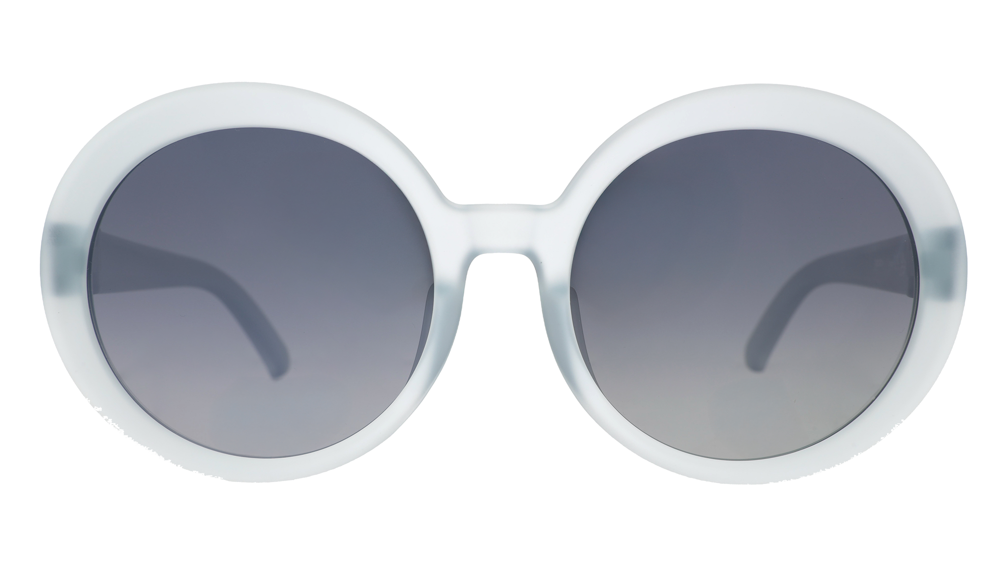 Front view of oversized round sunglasses with translucent blue frames and silver reflective gradient lenses against a white background.