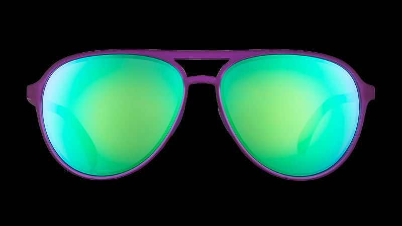 Front view of purple aviator sunglasses with large green reflective lenses.
