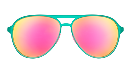 Front view of polarized teal aviator sunglasses with mirrored pink lenses.