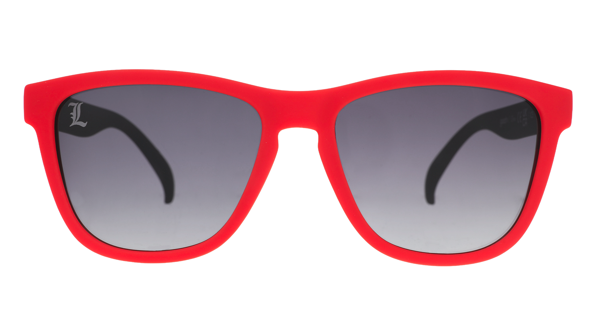 Front view of black and Cardinal red sunglasses featuring black gradient lenses with the Louisville “L” etched on the right lens.