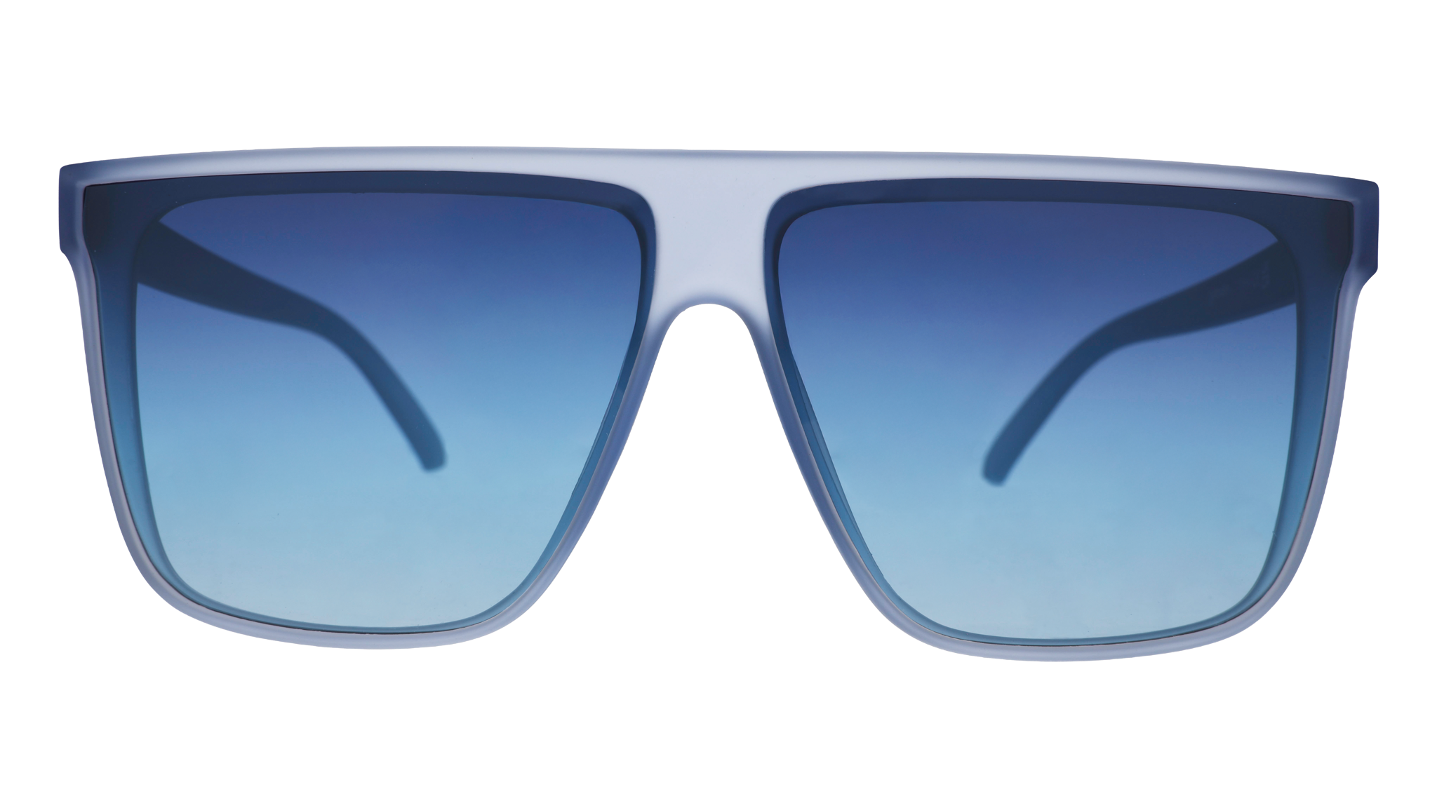 Front view of oversized, dusty blue Fly G sunglasses with blue gradient lenses.