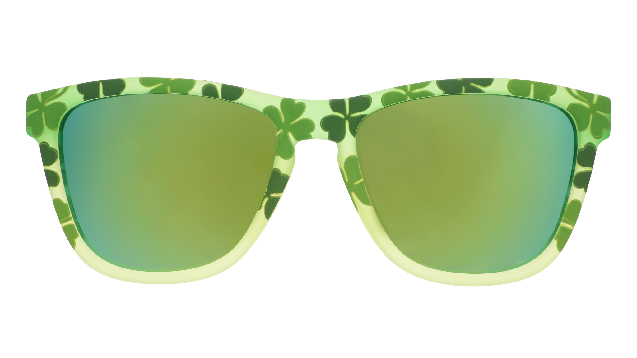 Front view of green shamrock print sunglasses w/ green + gold reflective lenses on a white background.