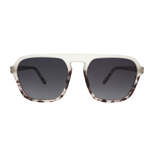 Three-quarter view of translucent light gray retro aviator sunglasses with a dark tonal pattern and black gradient lenses.