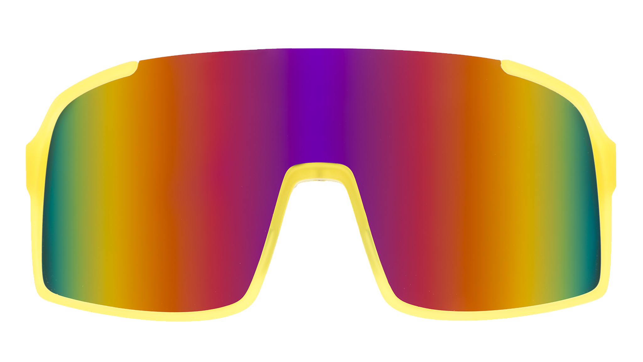 Front view of yellow wrap sunglasses with red reflective lenses.