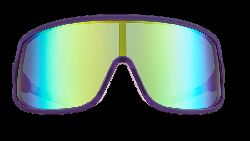 Front view of wraparound sunglasses with a purple frame and a reflective green single lens.