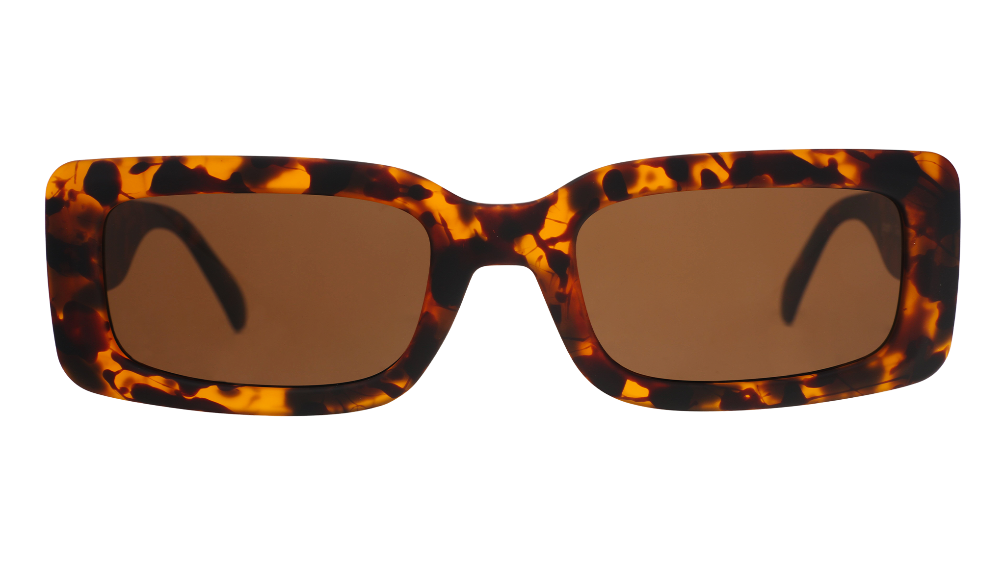 Front view of tortoiseshell rectangular sunglasses with brown polarized lenses against a white background.