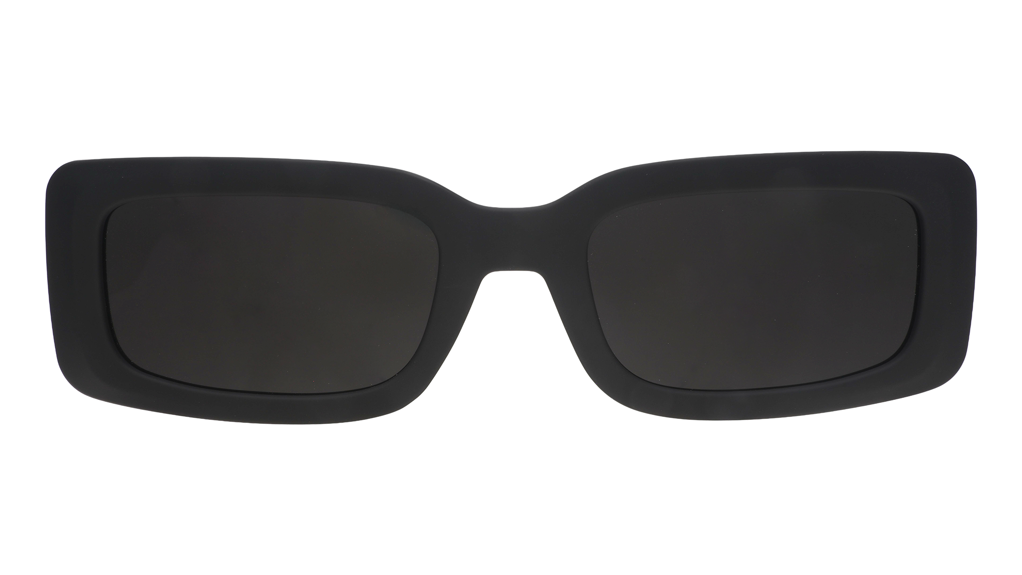 Front view of black rectangular sunglasses with black polarized lenses against a white background.