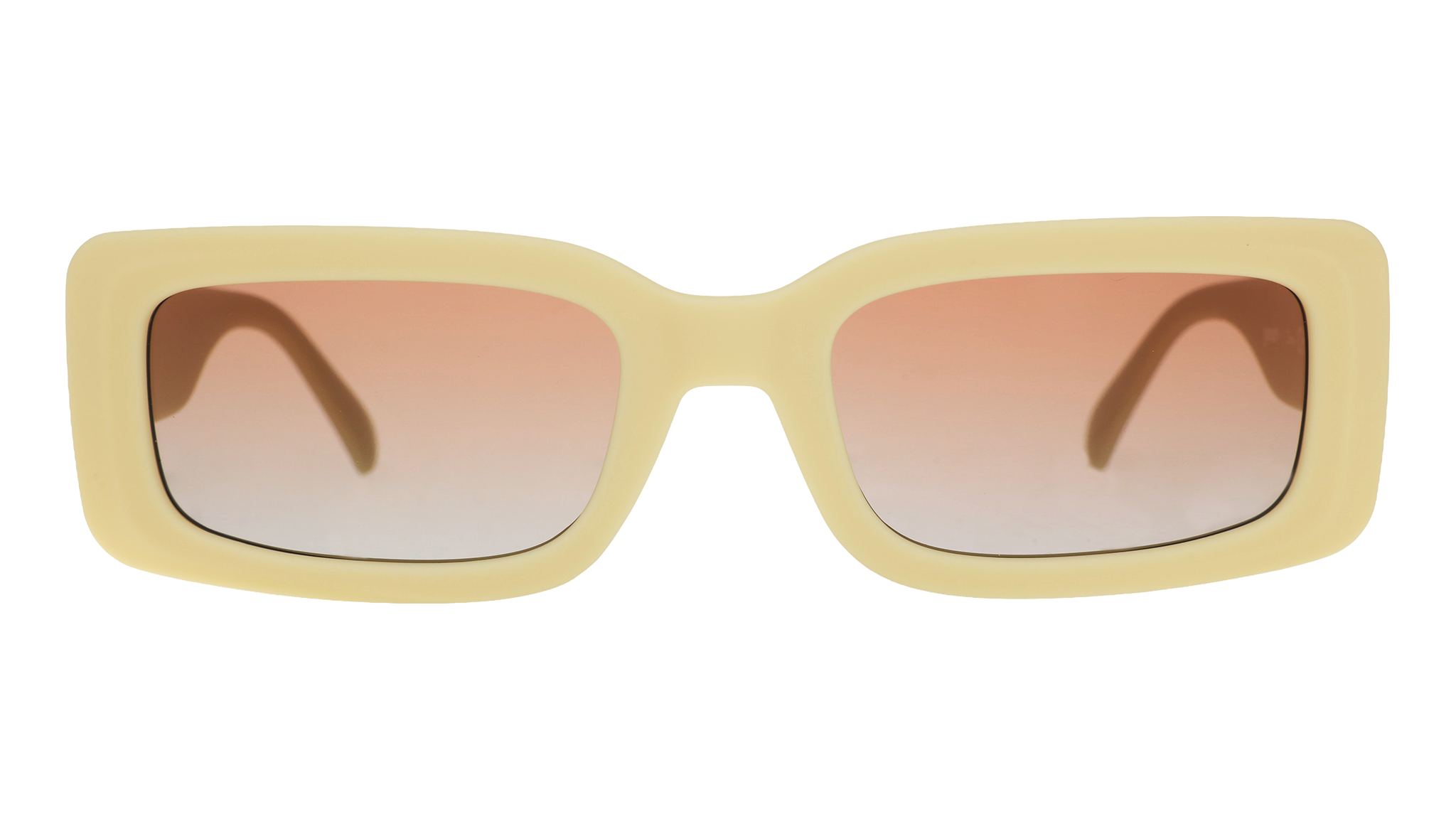 Front view of yellow rectangular sunglasses with brown-tinted polarized lenses against a white background.