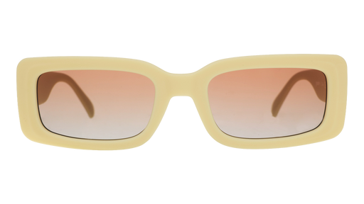 Front view of yellow rectangular sunglasses with brown-tinted polarized lenses against a white background.