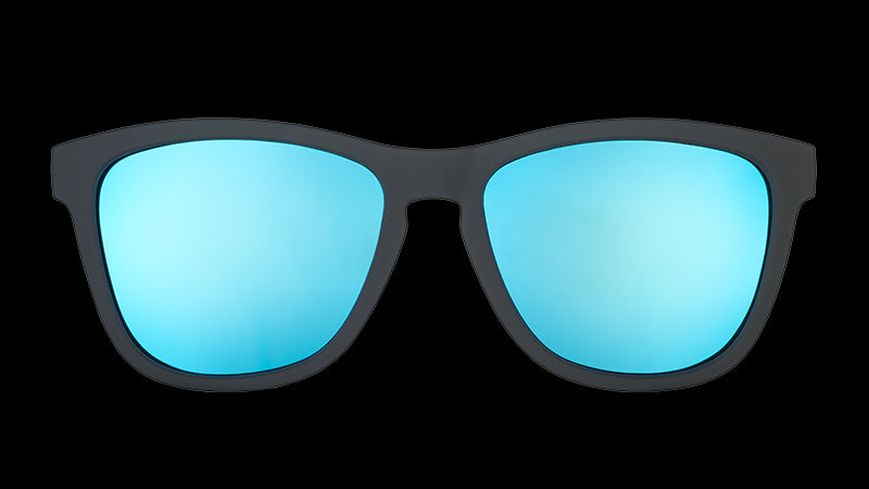 Front view of square-shaped black sunglasses with polarized blue mirrored lenses.