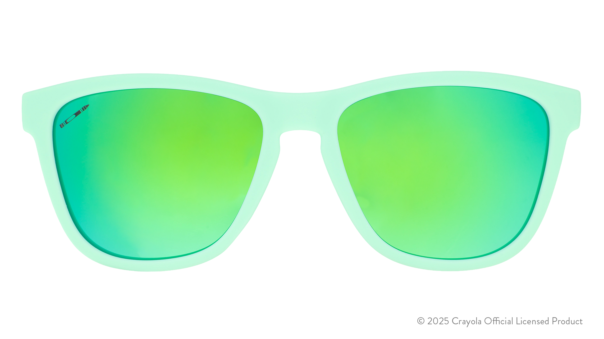 Front view of view of Magic Mint-colored green Crayola sunglasses with green lenses