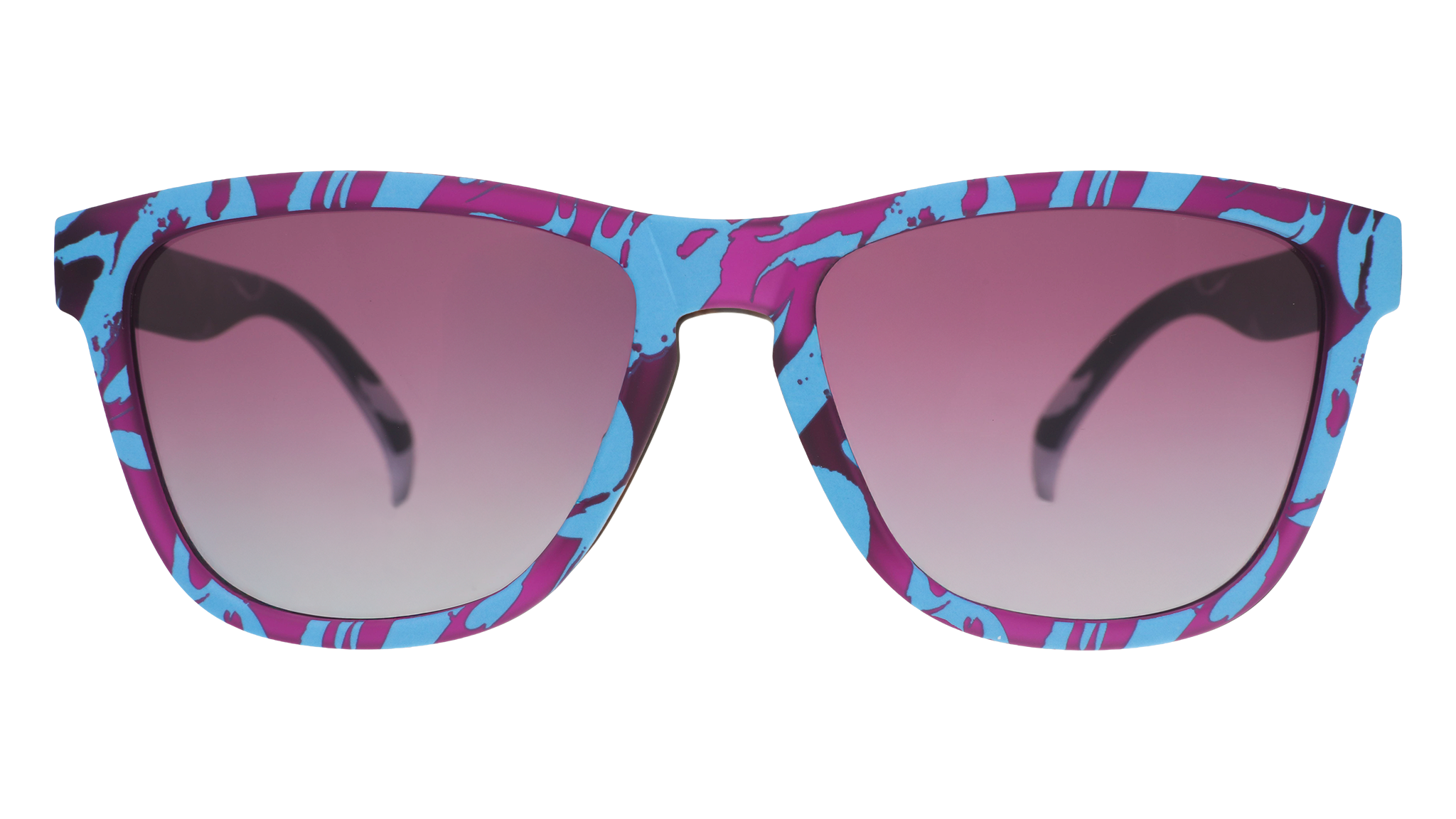 Front view of blue and purple sunglasses with a kraken-inspired design with purple gradient lenses.