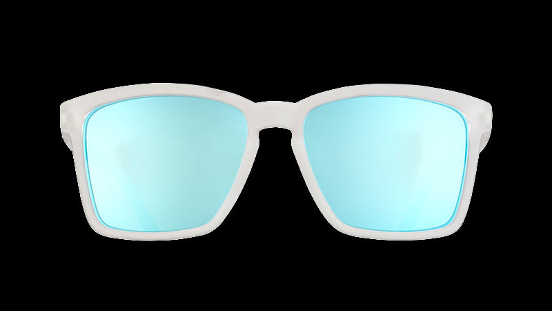 Front view of clear slim-fit sunglasses with square-shaped reflective blue lenses.