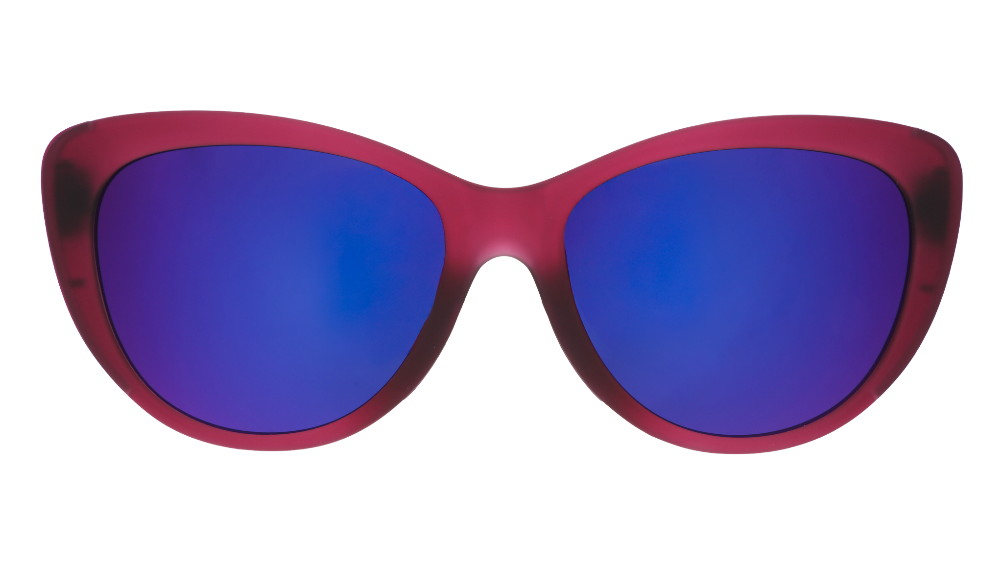Front view of translucent purple cat-eye sunglasses with purple reflective lenses.