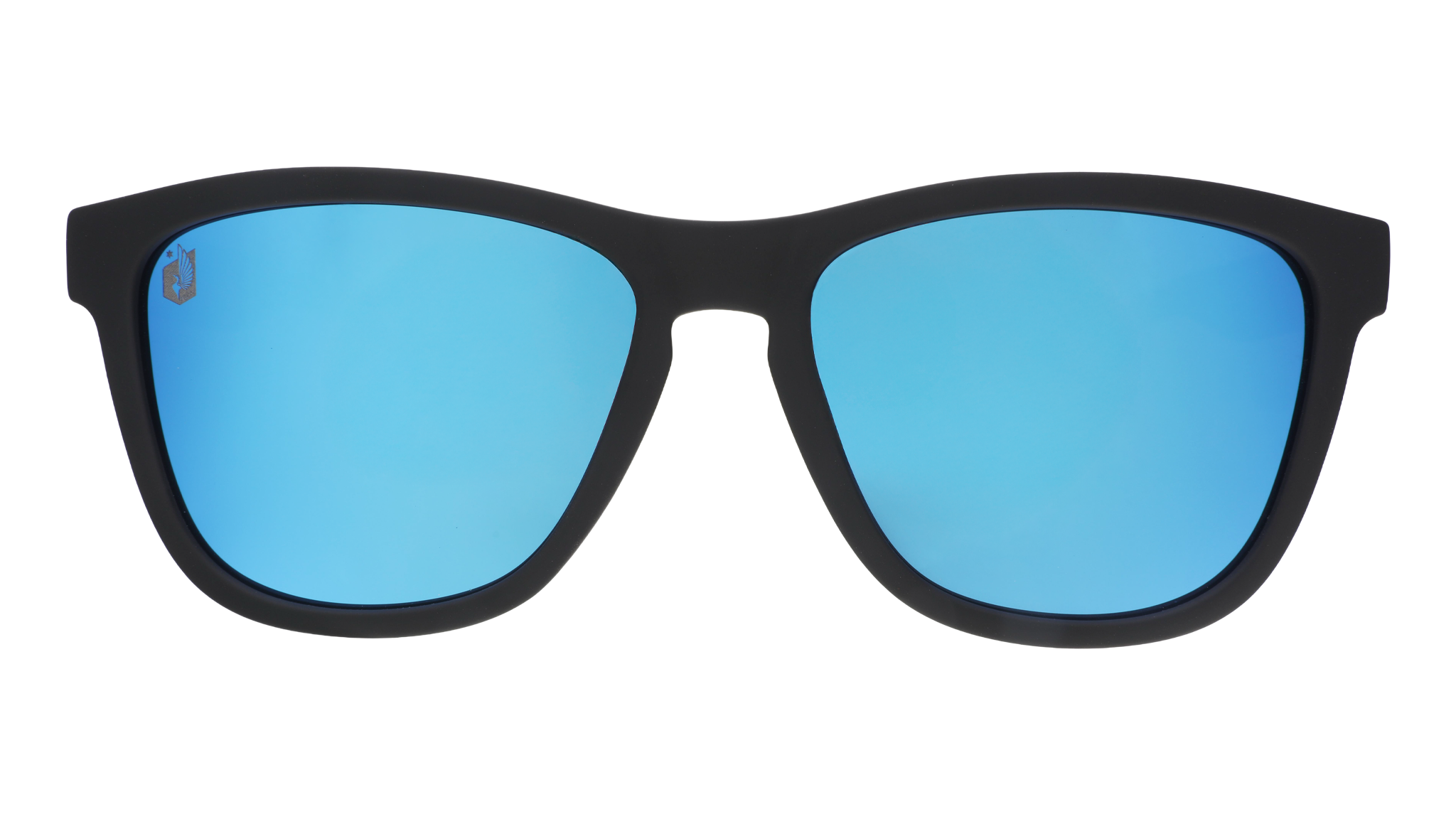 Front view of Major League Soccer Minnesota United FC shades. Navy front frame. Blue reflective lenses.