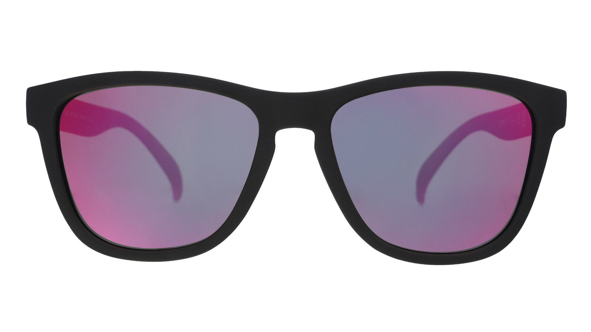 Front view of black and pink sunglasses with reflective pink lenses.