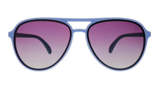 Front view of light blue aviator sunglasses with purple gradient lenses.