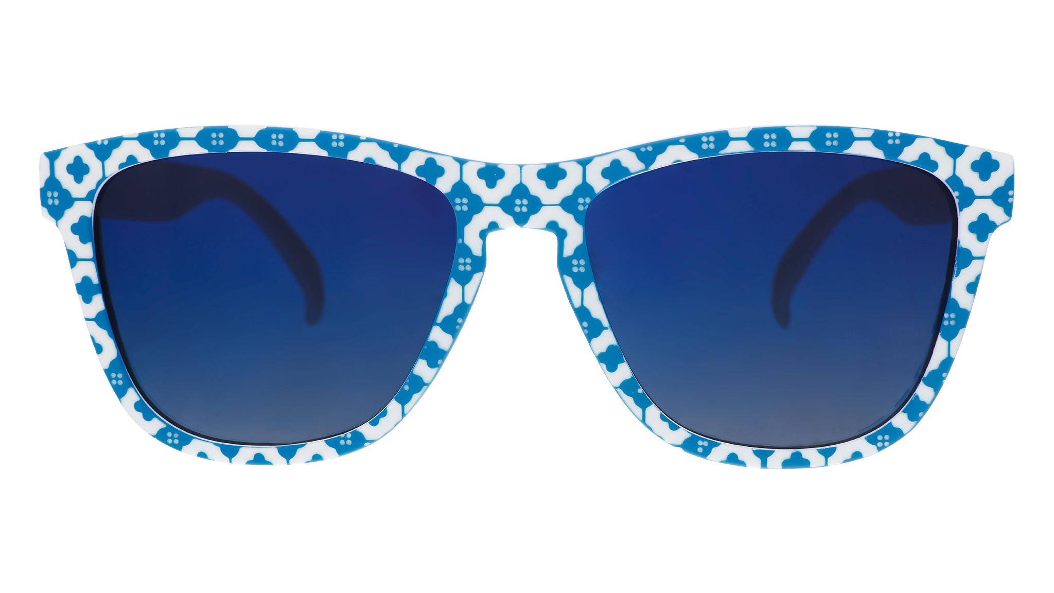 Front view of a pair of blue-and-white tile-print sunglasses with blue gradient lenses.